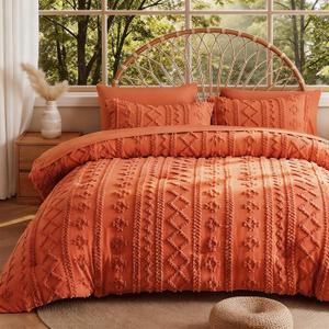 MR&HM Queen Comforter Set Terracotta, 7 Pieces Tufted Boho Beddding Sets, Farmhouse Style Bed in a Bag with 1 Comforter, 2 Pillow Shams, 2 Pillowcases, 1 Flat Sheet, 1 Fitted Sheet for All Seasons