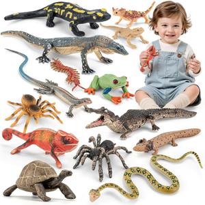 THINKBAY 14PCS Reptile Animal Figurines Toys, Amphibians Diorama Toys with Axolotl,Horned Lizard,Snake,Spider,Chameleon,Fire Salamander,Crocodile Rainforest Animal Figurines Toy Party Favor for Kids