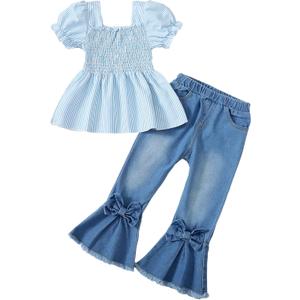 Kucnuzki Toddler Kids Girls Clothes Short Sleeve Shirt Top Flare Denim Jeans 2 Piece Outfits For Girls Cute Clothing Set (6-7 Years)