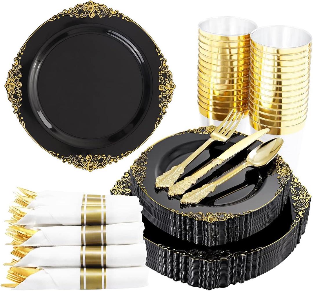 Hioasis 350pcs Black and Gold Plastic Plates with Gold Plastic Silverware include 50 10.25 Dinner Plates,50 7.5 Dessert Plates,50 Rolled Napkins with Cutlery,50 Cups for Weddings & Parties