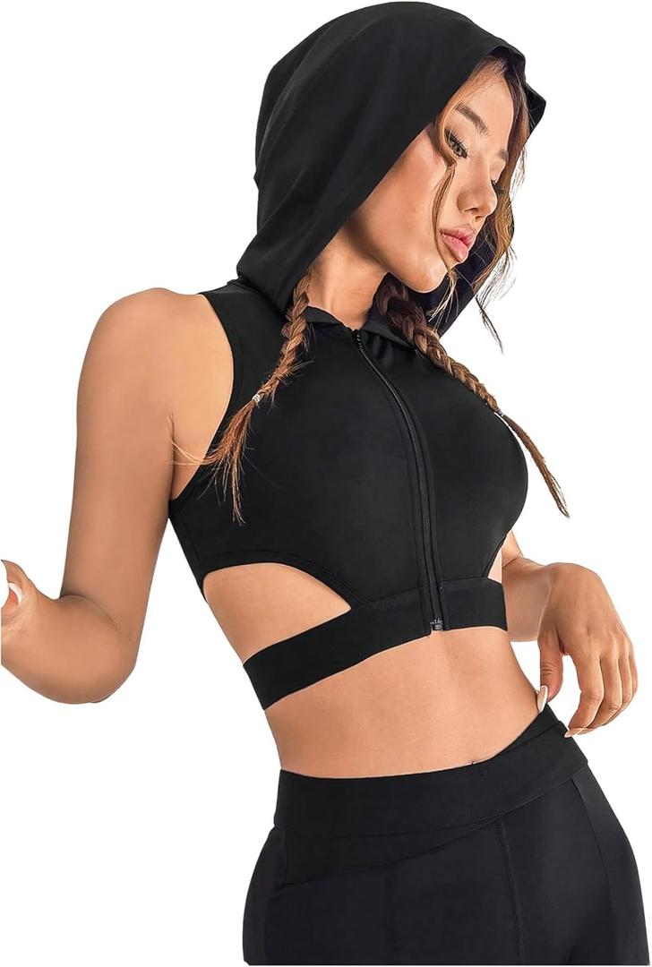OYOANGLE Women's Zip Front Sports Bra Cut Out High Support Hooded Crop Tank Top Activewear, M