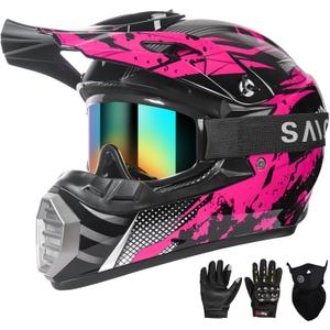 Youth Kids Motocross Helmet, ATV Dirt Bike Helmet, Off-Road BMX 4-Wheeler Full Face Motorcycle Helmet W/Goggles Gloves & Mask, DOT Approved (Colorful, X-Small)