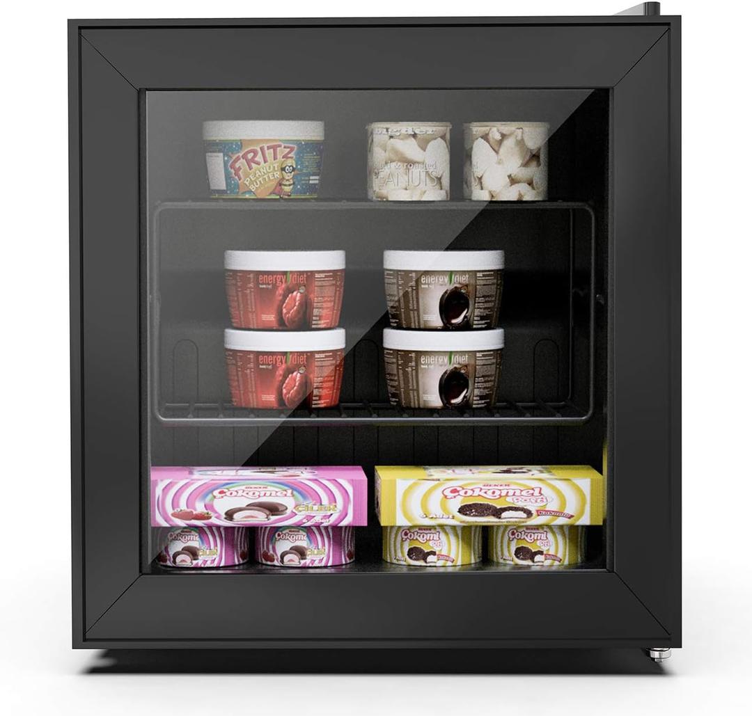 1.1 Cu Ft Mini Freezer Display Freezer with LED Light 2 Removable Shelves 7 Temperature Settings -8°F to 14°F Perfect for Liquor and Ice Cream