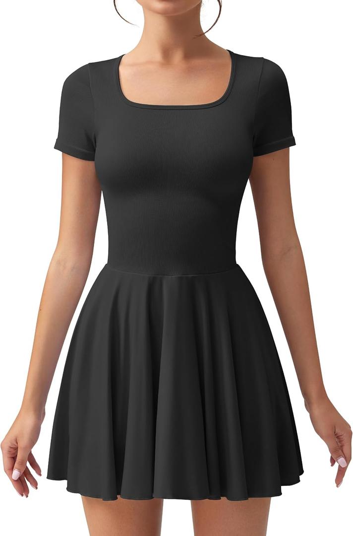 OQQ Women's Square Neck Ruffle Hem Mini Dress Summer Short Sleeve with Shorts Party Dresses (Medium, Black)