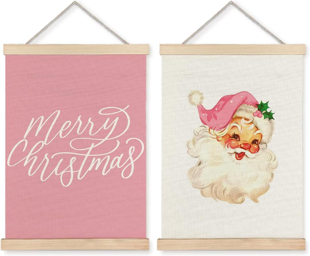 Supwhd Pink Santa Christmas Wall Decor, Retro Christmas Santa Wall Art With Wooden Poster Hanger 12x16 Inches Set of 2