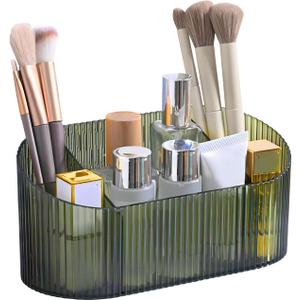DASITON Large Capacity Makeup Brush Holder,5 Slot Makeup Brush Holder,Vintage striped Make Up Brush Holder,for Vanity Decor,Bathroom Countertops,Desk Storage Container,Cosmetic Display cases(Green)