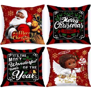 Lanpn Black Santa 22x22 Christmas Pillow Covers Set of 4, Black African American Claus Girl Decorative Holiday Throw Pillow Case Cushion Cover 22 x 22 for Indoor Sofa Couch Xmas Decor