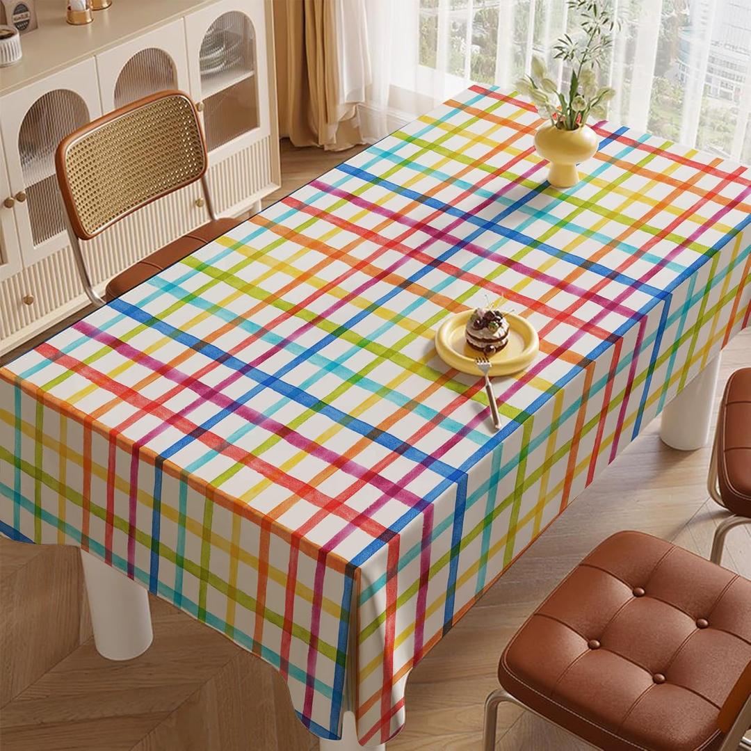 Rainbow Rectangle Plaid Tablecloth 63x87 Inch- Washable, Wrinkle Resistant- Perfect for Parties, Dining, and Home Decor