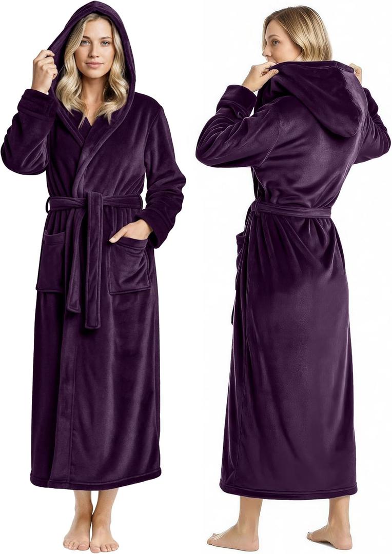 NY Threads Premium Womens Robe with Hood, Plush Fleece Long Bath Robe for Women, Fluffy Soft Women's Bathrobe (Medium, Plum)
