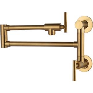 WOWOW Gold Pot Filler Faucet: Single Hole Wall Mount Stove Faucet, Brass Pot Filler Two Attachment with Double Joint Swing Arms