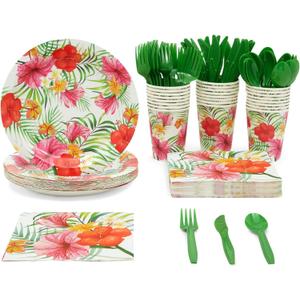 BLUE PANDA 144-Piece Tropical Party Supplies - Hawaiian Dinnerware Set with Plates, Napkins, Hawaiian Cups, and Cutlery (Serves 24)