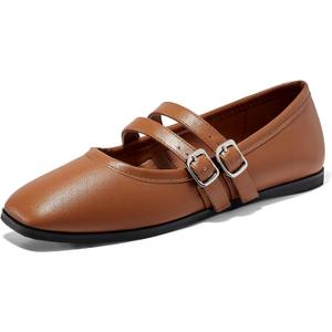 Coutgo Womens Mary Jane Flats Shoes Dressy Comfortable Square Toe Double Strap Soft Work Slip on Ballet Flat, Brown, Size 7.5
