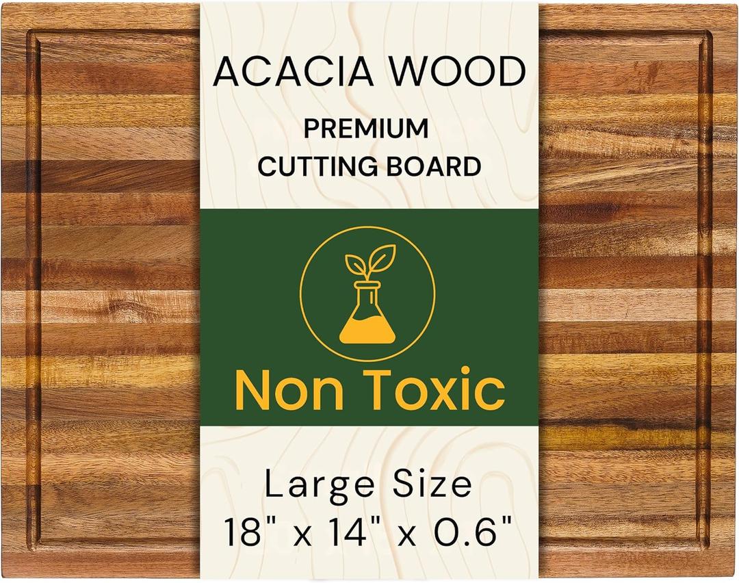 Large 18x14 Inch Acacia Wood Cutting Board, 0.6" Thin Edge Grain w/Deep Juice Groove & Handle for Meat, Bread, Cheese, Kitchen Prep, Solid Hardwood, Non-Toxic, BPA-Free by New M Way