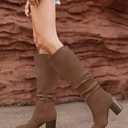 Huiyuzhi Womens Pointed Toe Mid Chunky Heel Side Zipper Knee High Boots Tall Booties (Brown)