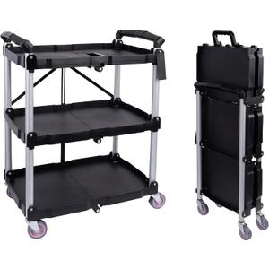 Elevon Folding Utility Cart, Portable Collapsible Service, 3 Shelf Heavy Duty Collapsible Tool with Wheels, Suitable for Office Warehouse Home, Black