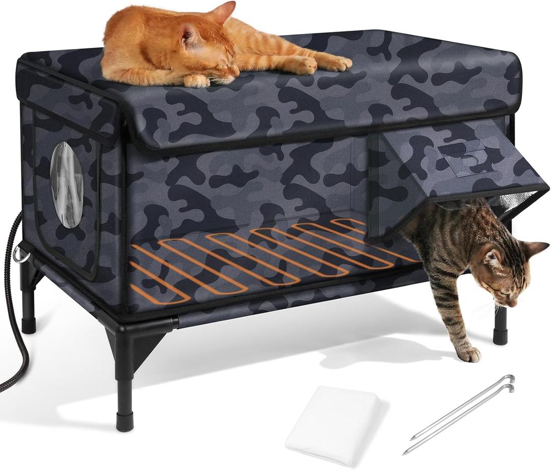 Heated Cat House for Outside,Dual Camera Mounts,100% Weatherproof & Extremely Insulated,Elevated Feral Cat Shelter with Escape Door,Waterproof Eaves for Outdoor Stray Barn Cat(Dark Camo,L) (25.6"L x 16.5"W x 18.5"H)