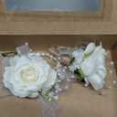 Floroom 2 pack Ivory Rose Wrist Corsage Wristlet Band Bracelet and Men Boutonniere Set for White Wedding Prom