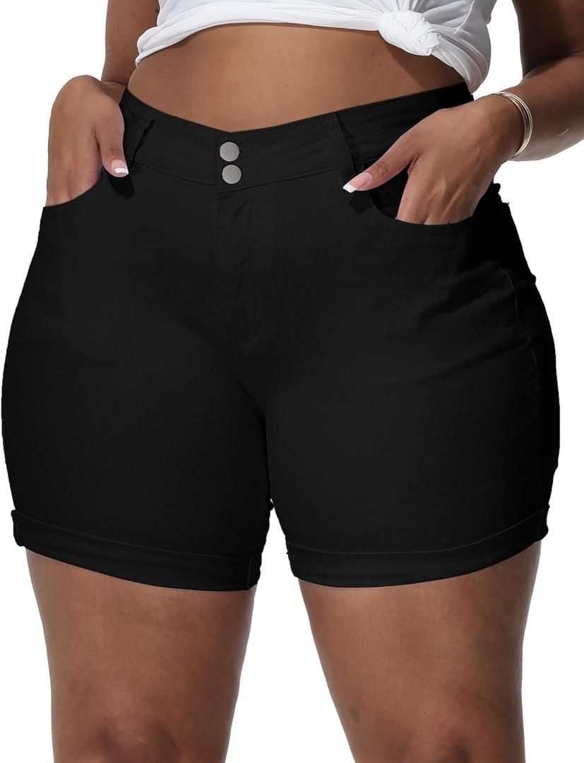 Womens Plus Size Jean Shorts Stretchy High Waisted Distressed Fold Hem Denim Shorts (22 Plus, Black-112)