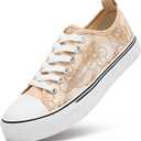 ZGR Summer Tennis Shoes for Women, Womens Casual Breathable Mesh Lace Canvas Shoes, White Sneakers with Embroidery Flower(Apricot.US7.5)