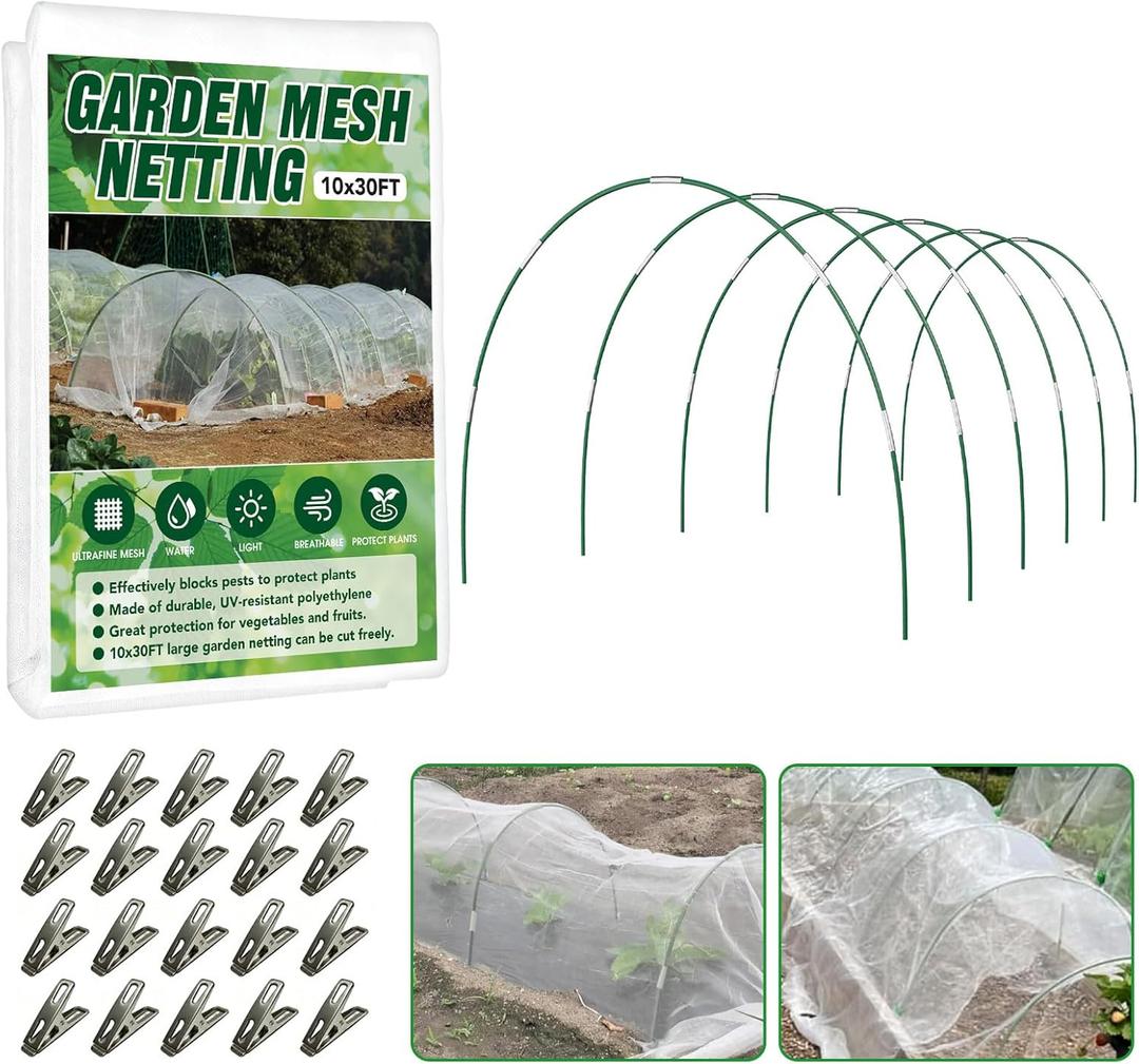 Garden Netting Kit for Raised Beds, 10x30FT Ultra Fine Mesh Netting 6 Sets Fiberglass Garden Hoops, Insect Netting for Garden Plant Row Cover Vegetable Flowers Protection Barrier