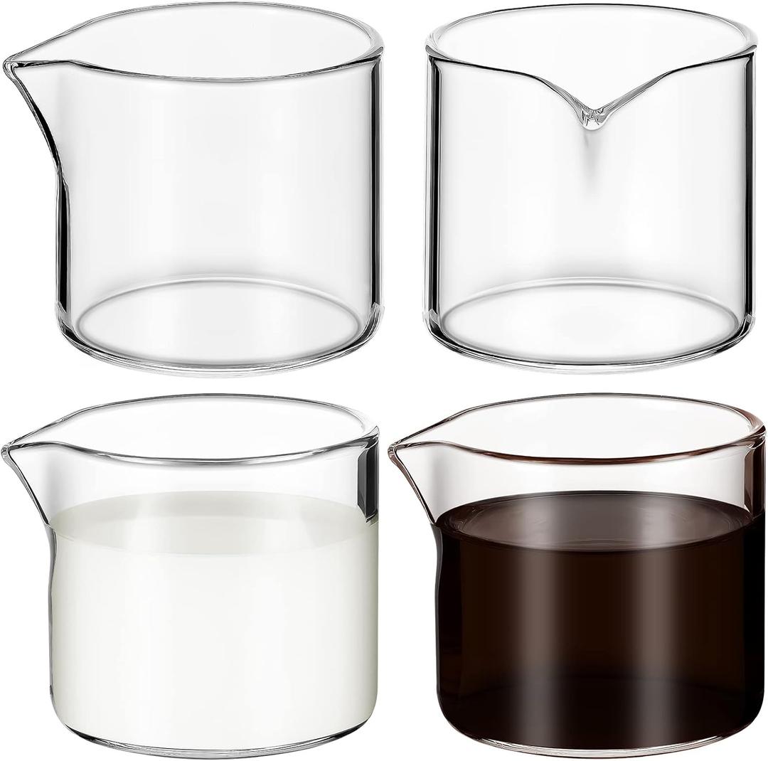 Leinuosen 4 Pcs Small Glass Creamer Pitcher Set Transparent Mini Poured Glass Tea Pitcher, Milk and Coffee Serving Jugs for Tea Milk Coffee (No Handle Style)