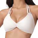 AJISAI Womens Halter Bikini Top Triangle V Neck Bathing Suit Top Low Impact Padded Sports Bra (Beige, M)