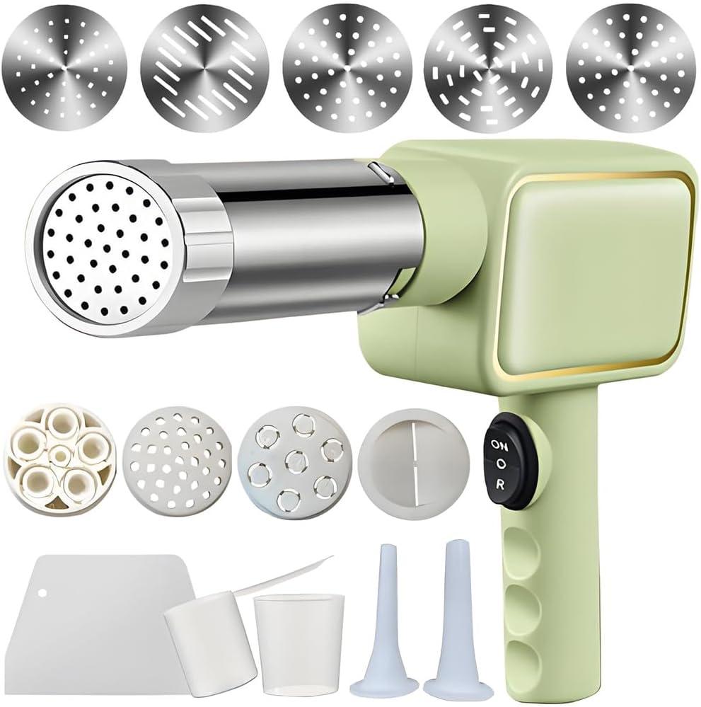 Electric Pasta Maker, Handheld Pasta Maker Machine, All-In-One Cordless Noodle Machine, with Shaping Molds And Cutter,Green