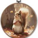 Hxlac Fall Squirrel Round Wall Art Framed, Fall Animal Maple Leaves Round Wall Decor, Rustic Autumn Squirrel Hanging Canvas Prints Wall Sculptures for Farmhouse Home Living Room Decor, 10x10 Inch