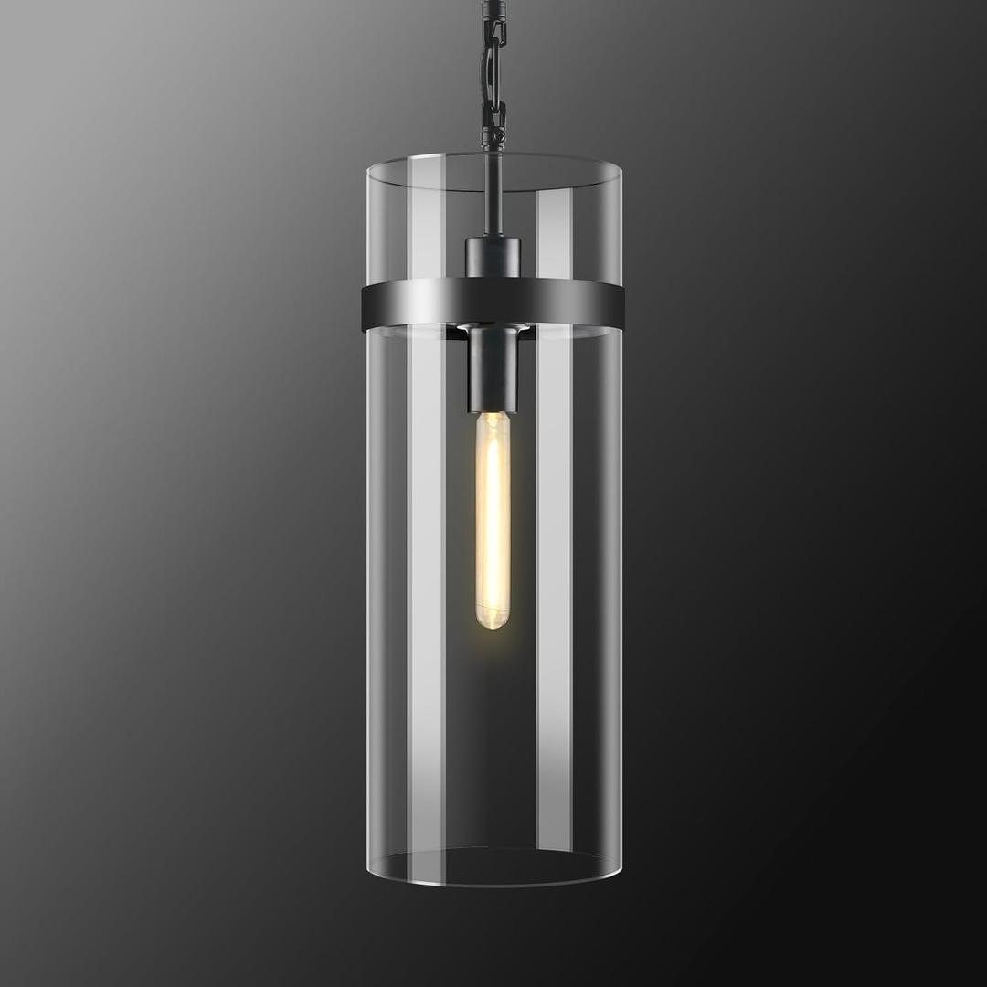 Modern Large Glass Kitchen Island Pendant Light,Black 6'' Clear Adjustable Island Pendant Lights,1 Light Indoor Pendant Light, for Kitchen Dining Bathroom Bedroom,Included 2 Bulb