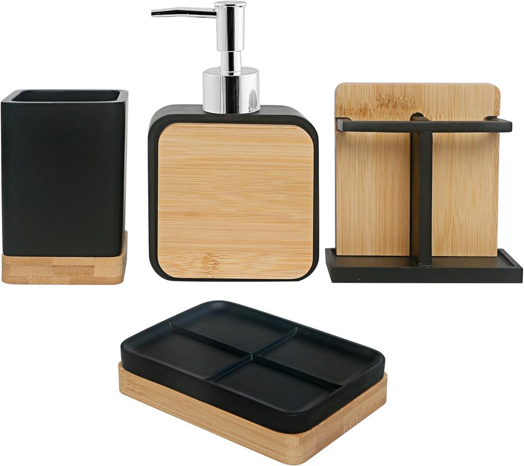 Bathroom Accessories Set with Cup, Toothbrush Holder, Soap Dishes and Soap Dispenser, Vanity Decoration, New Home Gift, Black with Bamboo