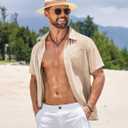 COOFANDY Men's Short Sleeve Button Down Shirts Summer Casual Textured Shirt Vacation Beach Wedding Shirts with Pocket (Beige, M)