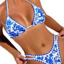 Jolefille Thong Bikini Sets for Women String Two Piece Swimsuit High Cut Floral Sexy Bathing Suit Halter Triangle Top (Dark Blue Cut Out Swim Suits, M)