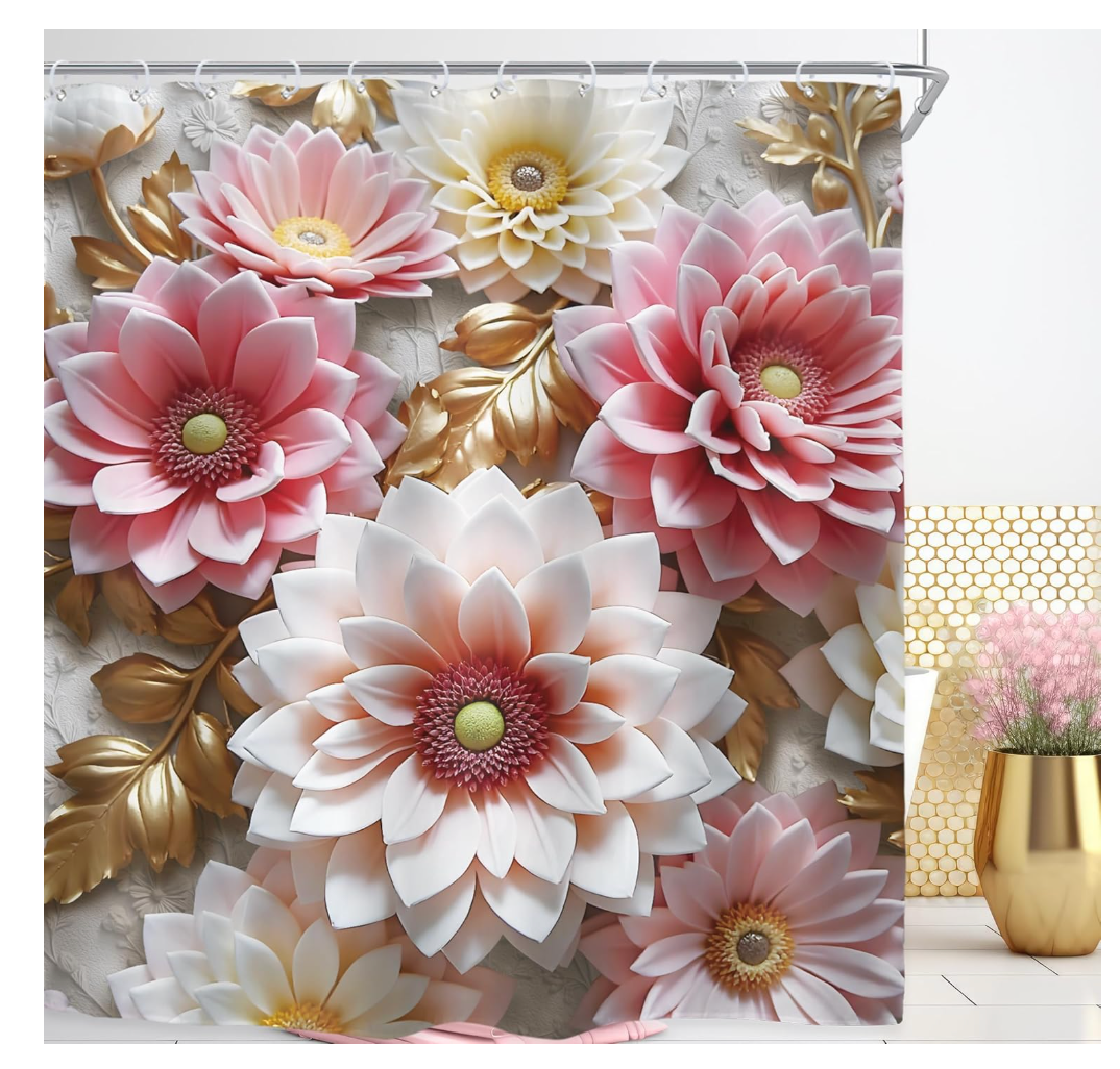 Riyidecor Pink Floral Shower Curtain for Bathroom Decor 72Wx84H Extra Long Vintage Retro Flower Gold Leaves Relief Sculpture Spring Plant Art Printed Fabric Polyester Waterproof 12 Pack Plastic Hooks