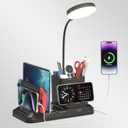 KDD Desk Lamp with USB A&C Charger Ports - Reading Desktop Light with Pen & Phone Holder - Adjustable Brightness Lights with Device Slots - 360Gooseneck Table Lamp for Home Office College Dorm Room