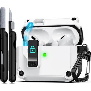 RFUNGUANGO for AirPods Pro Case Cover with Secure Lock Clip, Automatic Pop-up Case Full-Body Shockproof Hard Protective Cover for AirPods Pro 2023/2022/2019 - White