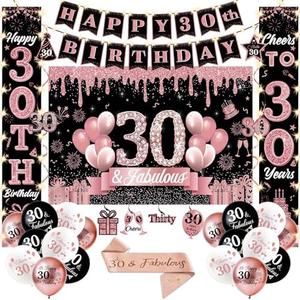 30th Birthday Decorations for Women, 58Pcs Happy 30th Birthday Party Supplies, LED Lights Happy 30th Bday Banner Set, Balloons, Numbers, Sash & Backdrop for 30 Year Old Decorations for Her, Rose Gold