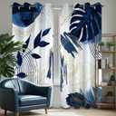 Boho Navy Blue Leaf Blackout Curtains, Bohemian Mid Century Modern Dark Blue and White Palm Window Drapes for Bedroom Living Room, 63 inch Length 2 Panels Set, 52x63 inch