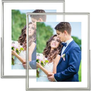 8x10 Picture Frame set of 2, for 5x7 6x8 with Floating Effect, for 8 x 10 without Floating, Double Real Glass Photo Frames Only for Tabletop, Home or Wedding Decoration Gift (Vertical Silver)