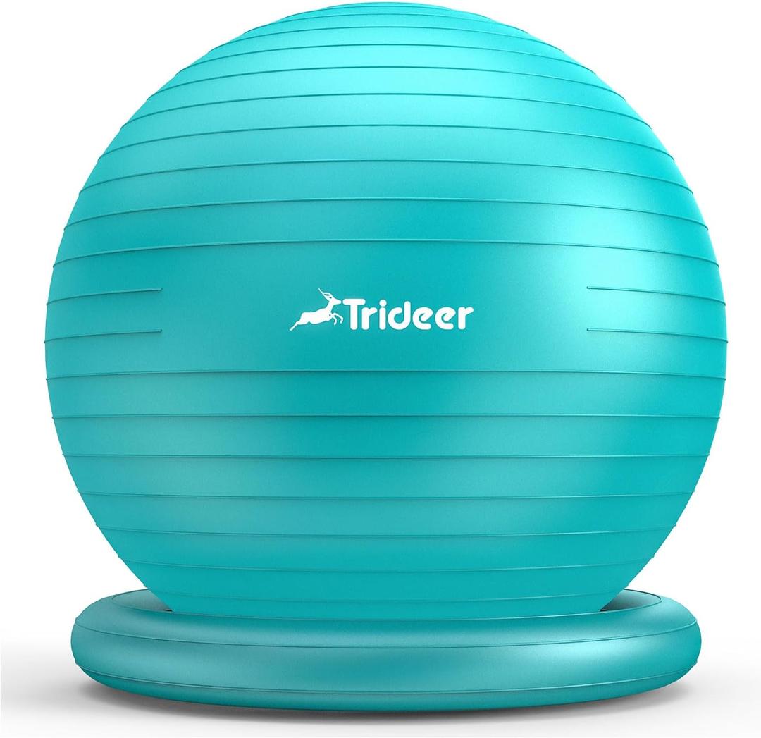 Trideer Exercise Yoga Ball Chair with Base for Home Office Desk, Stability & Fitness Ball Seat to Relieve Back Pain, Home Gym Workout for Abs, Pregnancy Ball with Pump (L(23-26ines/58-65cm), Turkis)