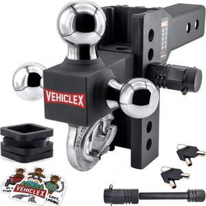 Vehiclex 6" Adjustable Drop Hitch for 2.5" Receiver, Tri-Ball & Tow Hook | Keyed-Alike Pin Locks, Anti-Rattle Rubber Spacers, Stable Towing Performance, for Heavy-Duty Pickups