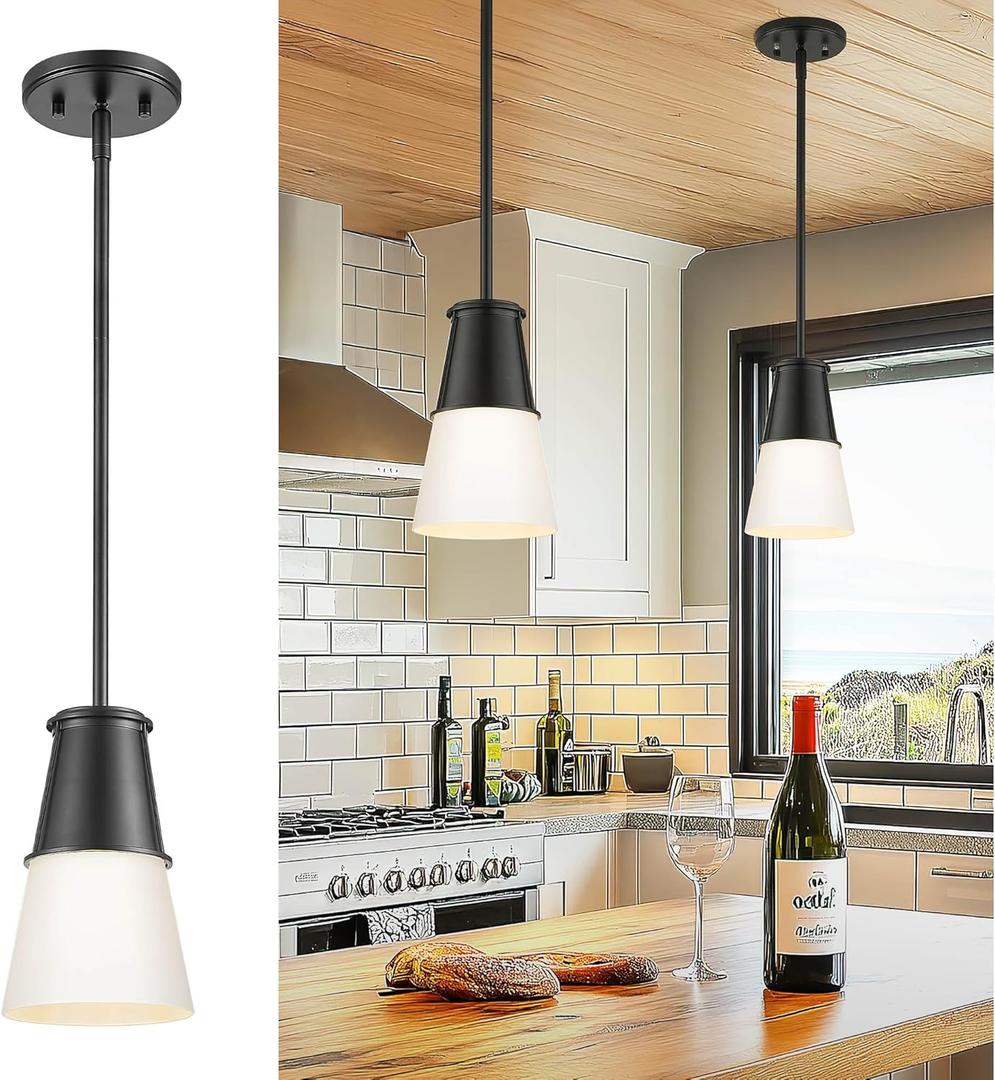 Beionxii Black Pendant Light with Cone Shade, Milk Glass Pendant Light, Pendant Light Fixtures for Kitchen, Sink, Bar, Dining Room, Bedroom, Foyer, BX-PLMB01 (Matte Black)