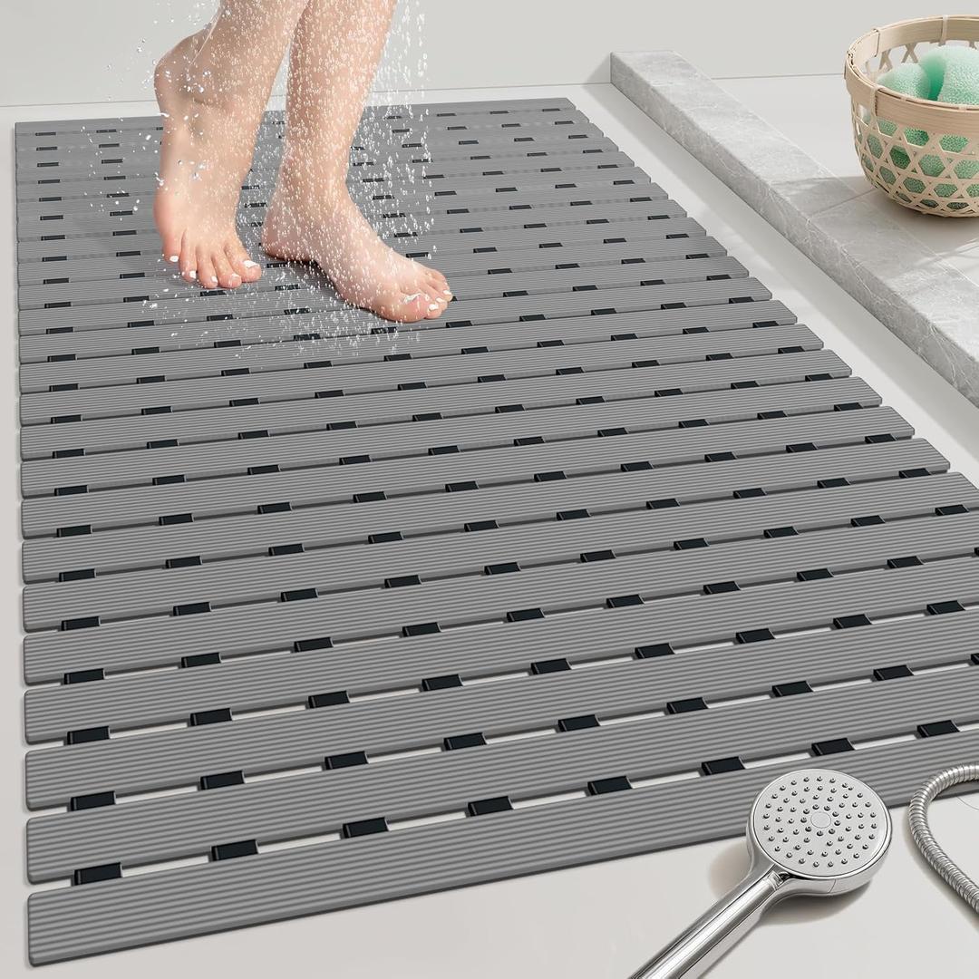 OTHWAY Large Shower Mat, 35.4 x 24 Inch No Suction Cup Shower Mat Non Slip, Quick Drain Large Non Slip Shower Mats for Inside Shower, Heavy Duty Curlable PVC Shower Floor Mat, Dark Grey