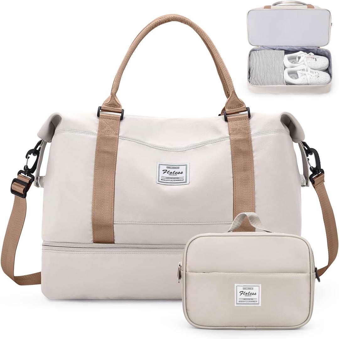Weekender Bags for Women,Personal Item Travel Bag with Shoes Compartment, Overnight Travel Duffel Bag with Toiletry Bag,Medium (Beige & Brown)