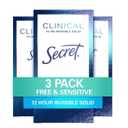 Secret Clinical Strength Antiperspirant Deodorant for Women, Free & Sensitive, 3X Stress Protection, 72hr Sweat & Odor Protection, PH Balancing Minerals, Invisible Solid, Unscented, 1.6 oz (Pack of 3)