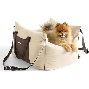 Lesure Small Dog Car Seat for Small Dogs - Dog Booster Seat for Car with Waterproof Bottom, Clip-On Safety Leash and Thickened Memory Foam Filling, Pet Carseat Puppy Travel Carrier Bed, Beige