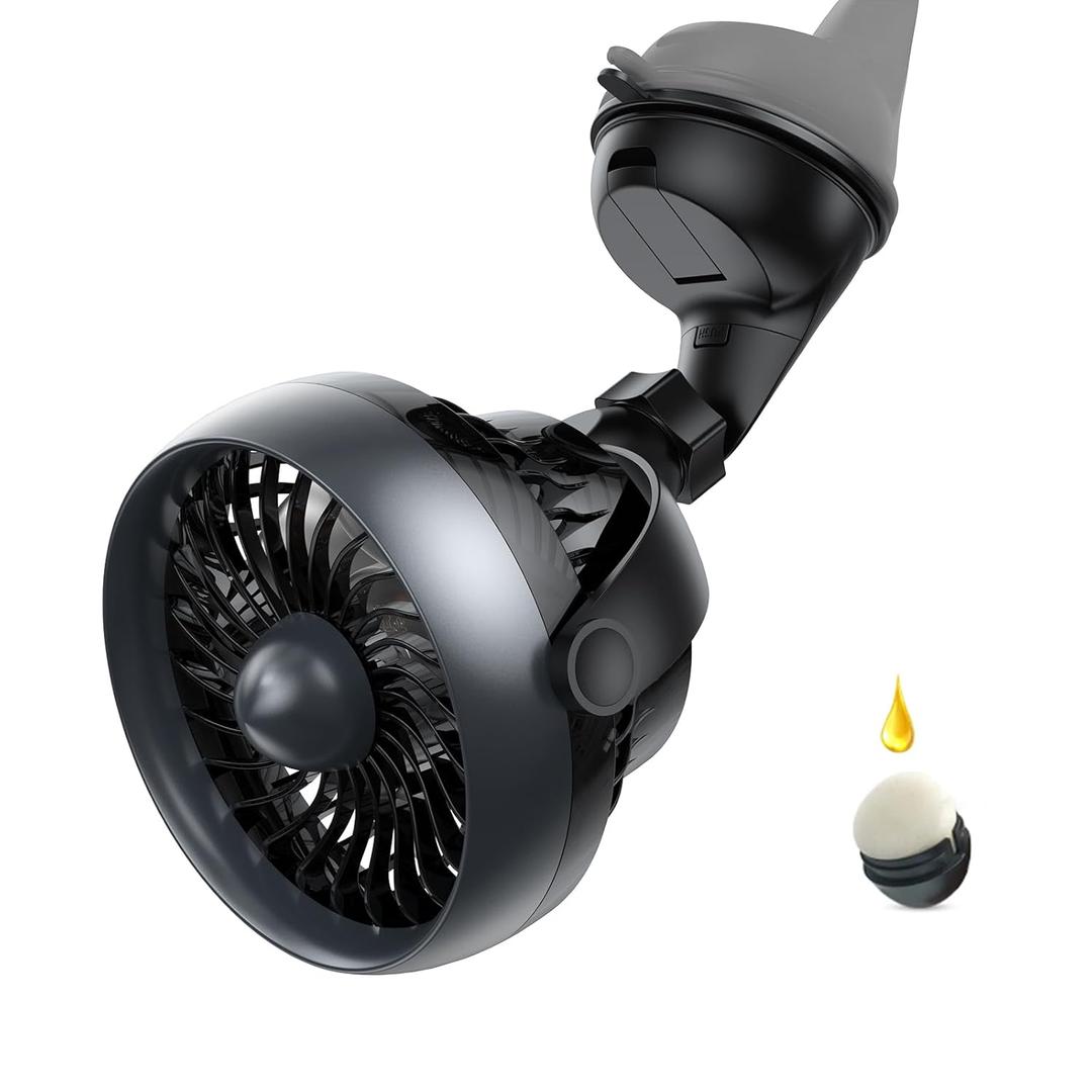 Portable Car Fan with Strong Suction and 4 Speeds,USB Dashboard Cooling Air Wall Fan for Sedan SUV RV Auto Vehicles Home, Window, Windshield, Bathroom, 4.92ft Cord, 5V, Quiet, Bonus Aroma Function