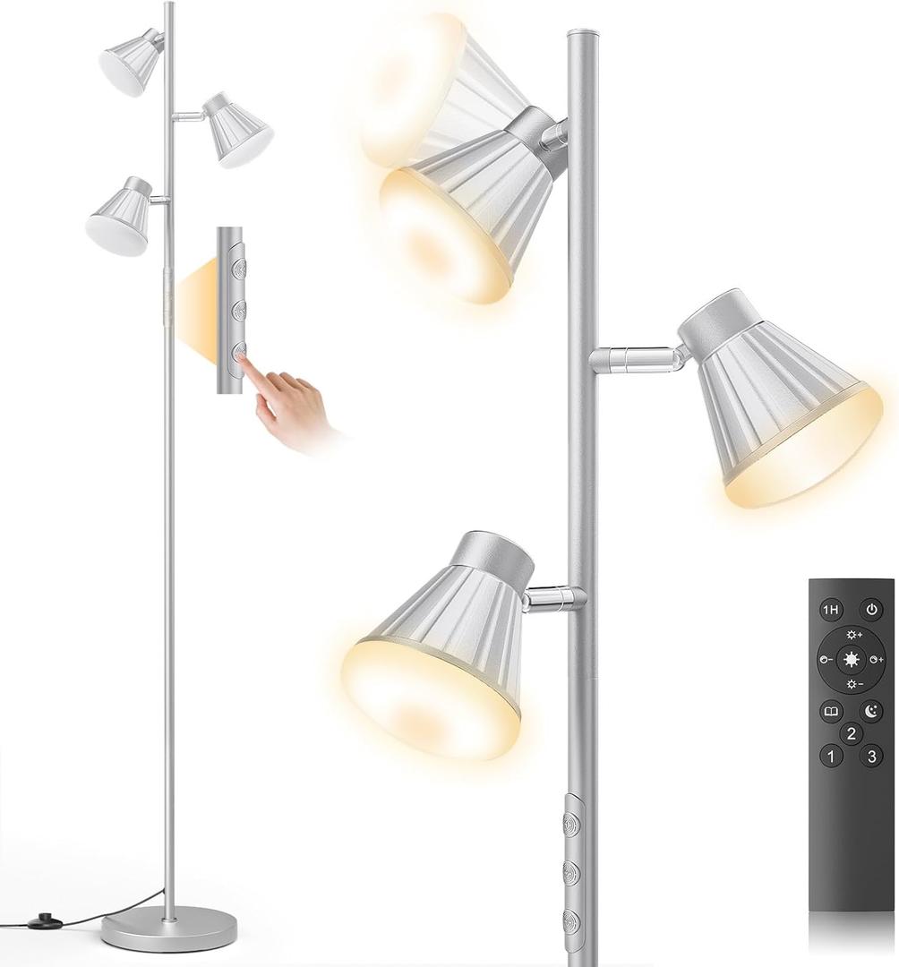 SIBRILLE 36W LED Tree Floor Lamp, Dimmable Tall Standing Lamp with Remote & Touch Control, 4 Color Temperatures Bright Floor Lamp, 3 Rotatable Light Modern Floor Lamps for Living Room Bedroom Office (Silver)