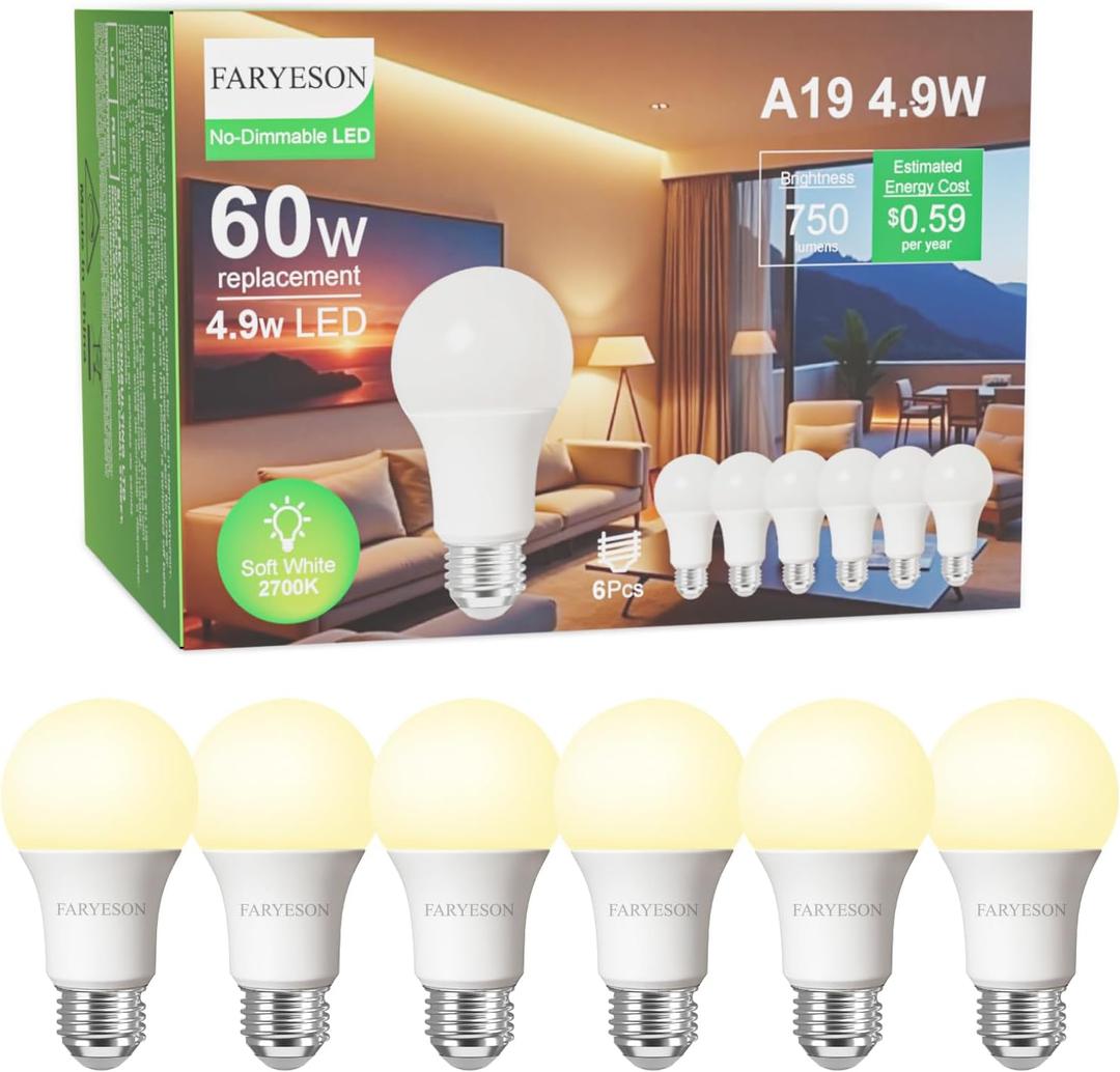 Ultra Efficient Light Bulbs 60 Watt Soft White, A19 LED E26 Frosted Bulb 2700K 750 Lumens, 30000 Hrs Lifetime, Energy-Efficient 4.9W=60W, Low Heat, Flicker-Free, Non-Dimmable, 6 Pack
