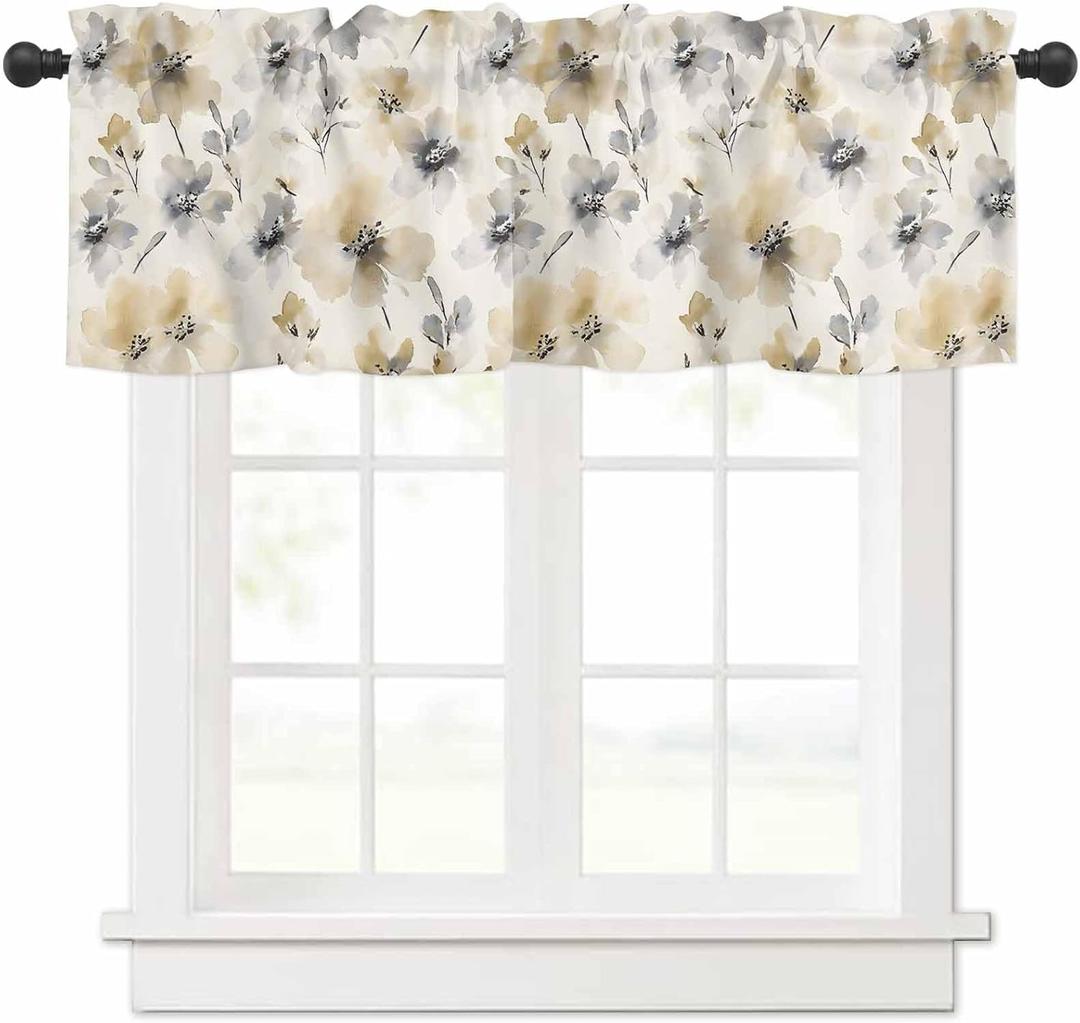 Pinroote Watercolor Flower Valances Window Treatment Farmhouse Decor, Beige Grey Spring Floral Botanical Rod Pocket Valance Curtains for Living Room, Bedroom, Kitchen, 54" W x 18" L - 1 Panel