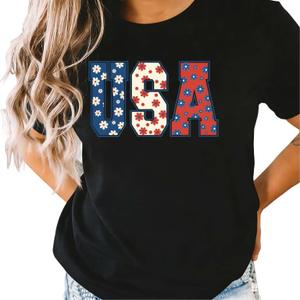 Women's Patriotic USA Floral Print Short Sleeve T-Shirt Black, Large